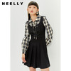 NEELLY纳俪蝴蝶结系带翻领连衣裙女格纹拼接两件套设计百褶A字裙 商品缩略图0