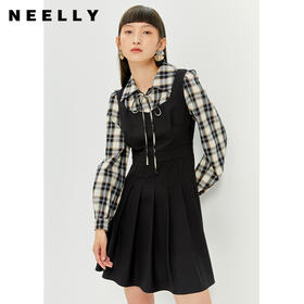 NEELLY纳俪蝴蝶结系带翻领连衣裙女格纹拼接两件套设计百褶A字裙