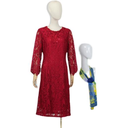 FOCALS福柯斯秋季蕾丝圆领七分袖修身中长款连衣裙FYBAX017R2 商品图4