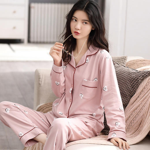 【100%双面全棉】新品秋冬款女睡衣纯棉舒适韩版可爱印花可外穿全棉家居服套装翻领 商品图0