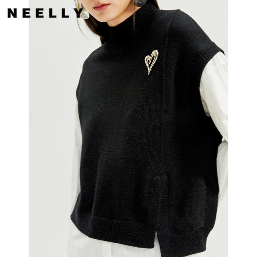 NEELLY纳俪半高领假两件拼接针织衫女冬季立体装饰爱心套头上衣N21101A01002 商品图3
