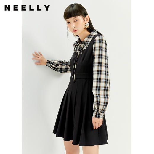 NEELLY纳俪蝴蝶结系带翻领连衣裙女格纹拼接两件套设计百褶A字裙 商品图1