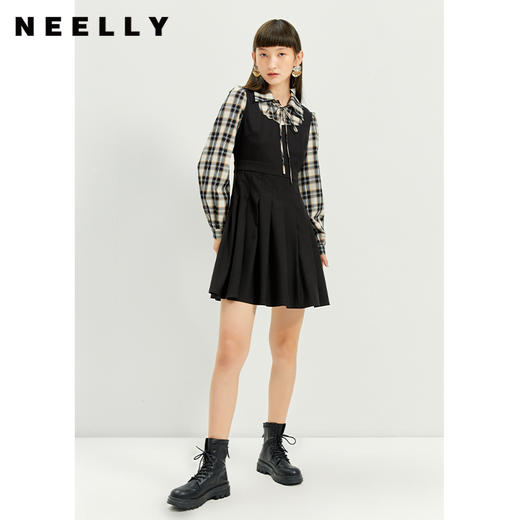 NEELLY纳俪蝴蝶结系带翻领连衣裙女格纹拼接两件套设计百褶A字裙 商品图3