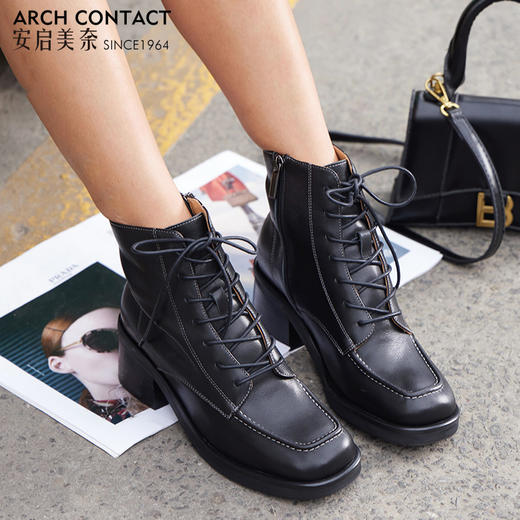 【活动价】ARCHCONTACT安启美奈粗跟系带真皮中筒马丁靴52181 商品图2