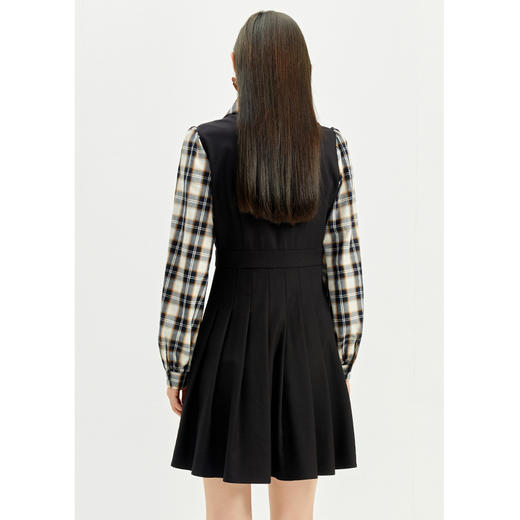 NEELLY纳俪蝴蝶结系带翻领连衣裙女格纹拼接两件套设计百褶A字裙 商品图4