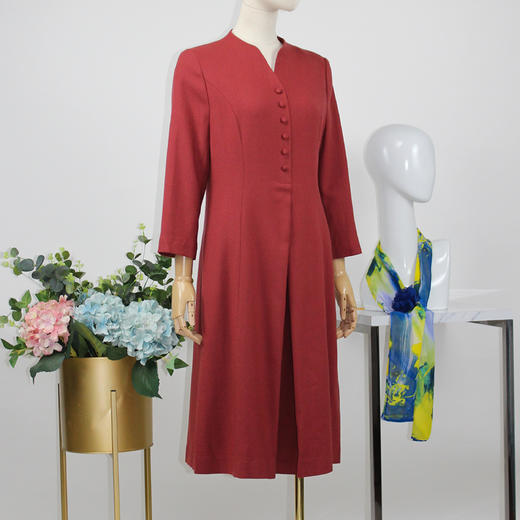 FOCALS福柯斯秋季精细羊毛七分袖修身A摆纯色连衣裙F20AX016R8 商品图1