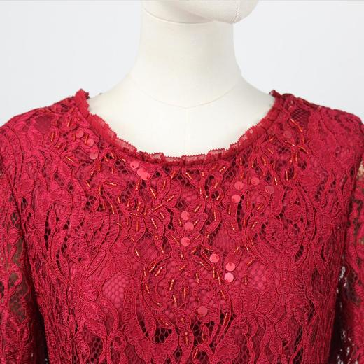 FOCALS福柯斯秋季蕾丝圆领七分袖修身中长款连衣裙FYBAX017R2 商品图3