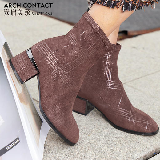 【活动价】ARCHCONTACT安启美奈英伦风粗跟复古中筒方头女靴52182 商品图2