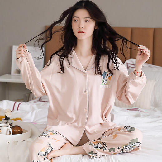【100%双面全棉】新品秋冬款女睡衣纯棉舒适韩版可爱印花可外穿全棉家居服套装翻领 商品图6