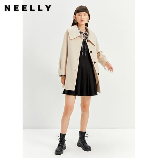 NEELLY纳俪蝴蝶结系带翻领连衣裙女格纹拼接两件套设计百褶A字裙 商品图2