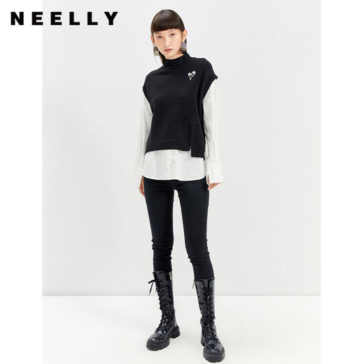 NEELLY纳俪半高领假两件拼接针织衫女冬季立体装饰爱心套头上衣N21101A01002 商品图2