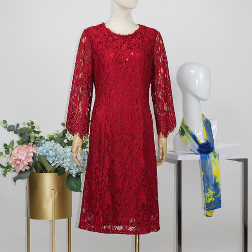 FOCALS福柯斯秋季蕾丝圆领七分袖修身中长款连衣裙FYBAX017R2 商品图0