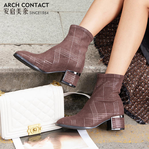 【活动价】ARCHCONTACT安启美奈英伦风粗跟复古中筒方头女靴52182 商品图0