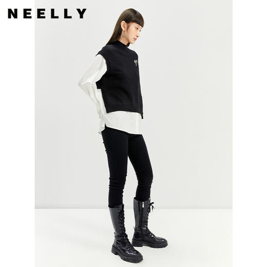 NEELLY纳俪半高领假两件拼接针织衫女冬季立体装饰爱心套头上衣N21101A01002 商品图1