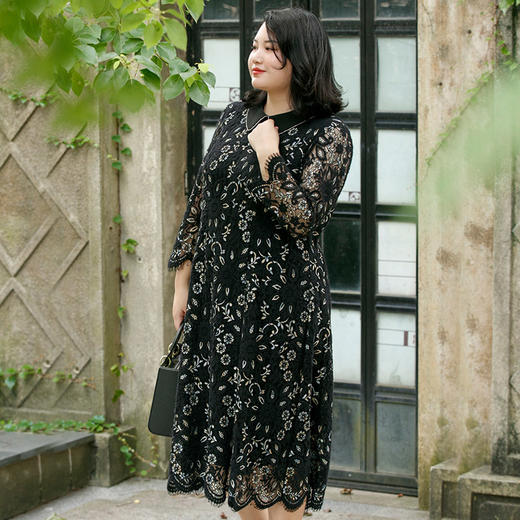 高端大码女装阔太太蕾丝连衣裙秋新款胖mm时尚裙子Q121200 商品图0