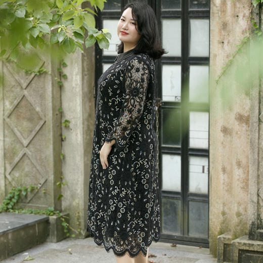 高端大码女装阔太太蕾丝连衣裙秋新款胖mm时尚裙子Q121200 商品图2