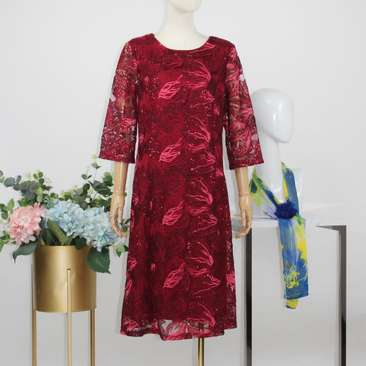 FOCALS福柯斯秋季蕾丝圆领七分袖修身中长款印花连衣裙FYJ2X173R1 商品图0