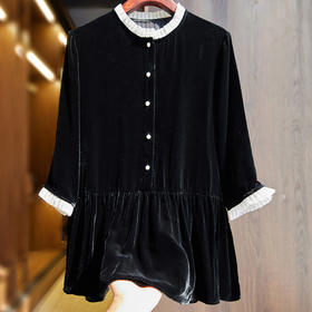 丁摩 真丝丝绒上衣女春秋新款高端金丝绒衬衫高贵洋气t恤Q121195