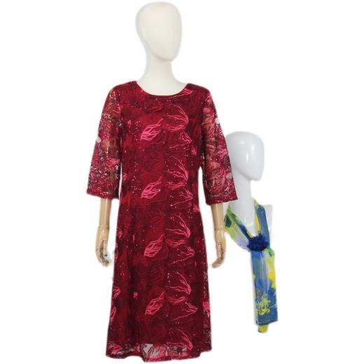 FOCALS福柯斯秋季蕾丝圆领七分袖修身中长款印花连衣裙FYJ2X173R1 商品图4