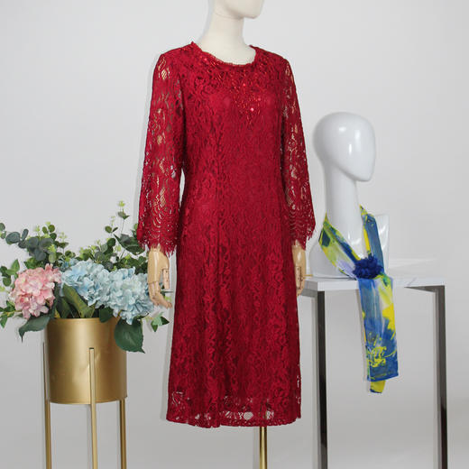 FOCALS福柯斯秋季蕾丝圆领七分袖修身中长款连衣裙FYBAX017R2 商品图1