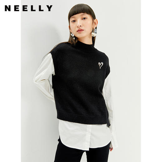 NEELLY纳俪半高领假两件拼接针织衫女冬季立体装饰爱心套头上衣N21101A01002 商品图0