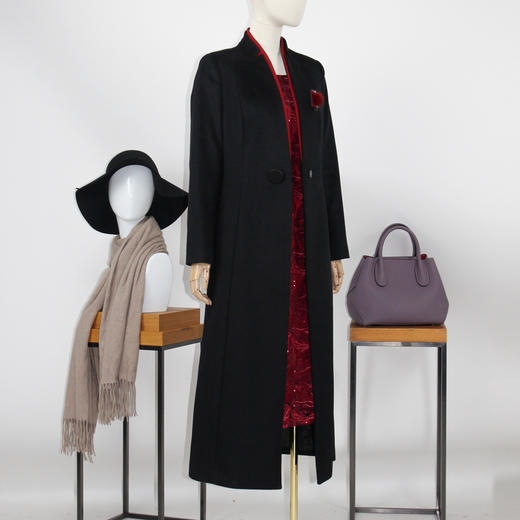 FOCALS福柯斯冬季新款长袖修身中长款纯色拼接羊毛大衣FRGDK688N1 商品图1