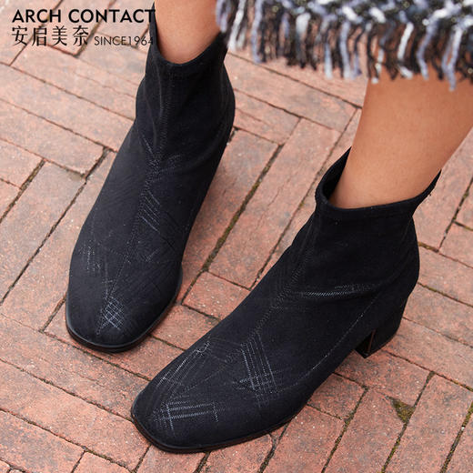 【活动价】ARCHCONTACT安启美奈英伦风粗跟复古中筒方头女靴52182 商品图1