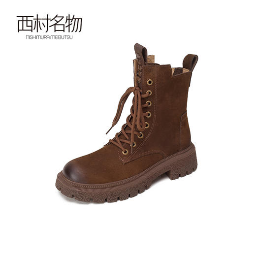 西村名物2021冬季新款真皮马丁靴女高帮短靴女百搭增高帅气T21DS45101 商品图1