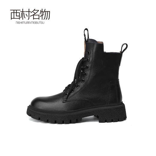 西村名物2021冬季新款女真皮鞋英伦风短靴低跟单靴中筒靴子T21DS45111 商品图2