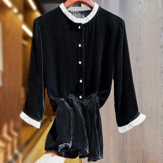 丁摩 真丝丝绒上衣女春秋新款高端金丝绒衬衫高贵洋气t恤Q121195 商品图1