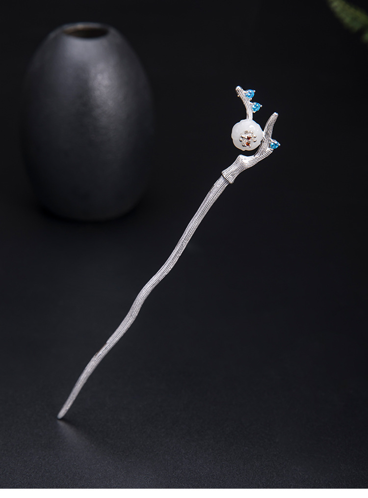 s925银古风汉服盘发头饰和田玉花朵树枝发簪步摇鹿角钗子【唐丝蝶】