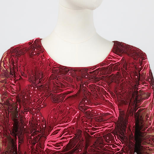 FOCALS福柯斯秋季蕾丝圆领七分袖修身中长款印花连衣裙FYJ2X173R1 商品图3