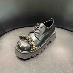 LFGJ   3876  新款真皮圆头松糕底英伦小皮鞋金属链透气女单鞋