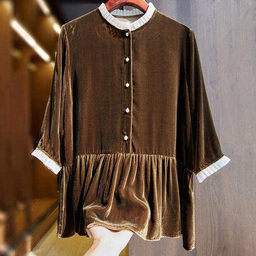 丁摩 真丝丝绒上衣女春秋新款高端金丝绒衬衫高贵洋气t恤Q121195 商品图2