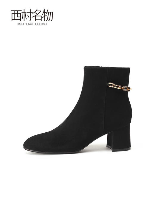 西村名物2021冬季新款时装靴商场同款羊皮链条粗跟短靴加绒T21DS45071 商品图2