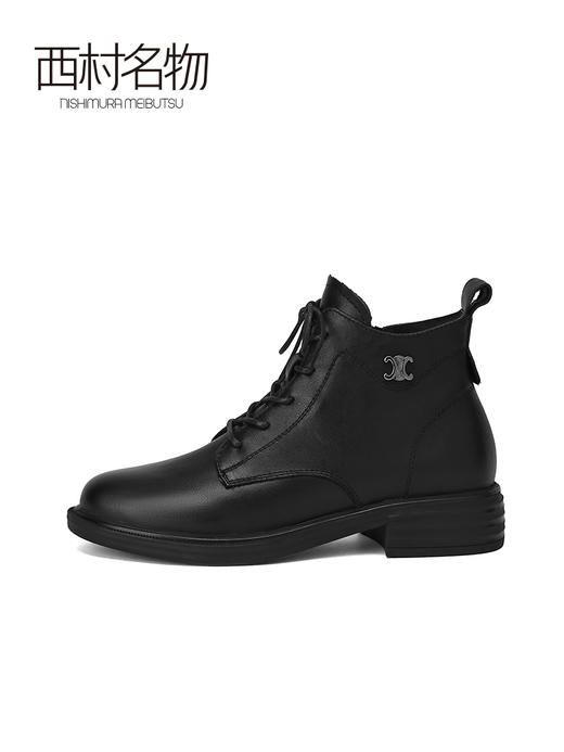 西村名物2021冬季新款真皮马丁靴粗跟黑色系带单靴英伦短靴X21DS44901 商品图1