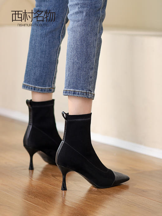 西村名物2021冬季新款弹力高跟短靴女尖头细跟短筒瘦瘦靴T21DS44961 商品图3