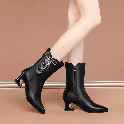 TZW-全牛皮冬季粗跟中筒靴女尖头中跟侧拉链马丁靴中靴 商品图1