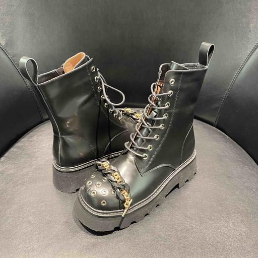 LFGJ  3872  头层牛皮圆头英伦金属铁链铆钉重工马丁靴机车靴短靴系带 商品图2