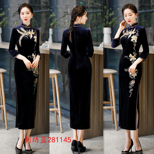 SKY  281145丝绒绣花长款七分袖大码旗袍 商品图1