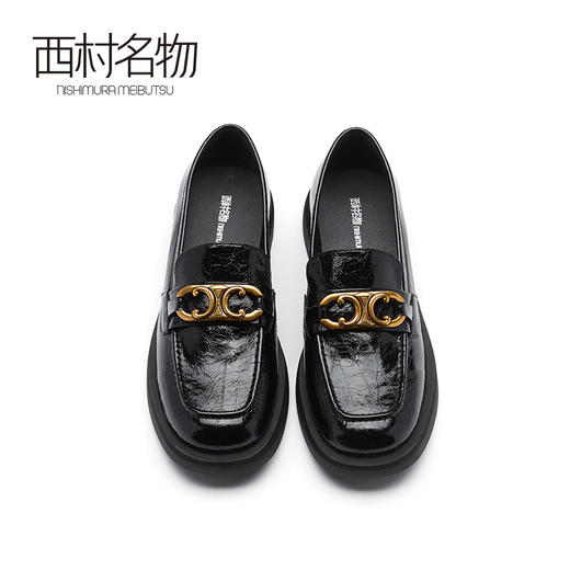 西村名物2021秋季新款真皮松糕鞋厚底英伦风漆皮单鞋一脚蹬X21CM33251 商品图2