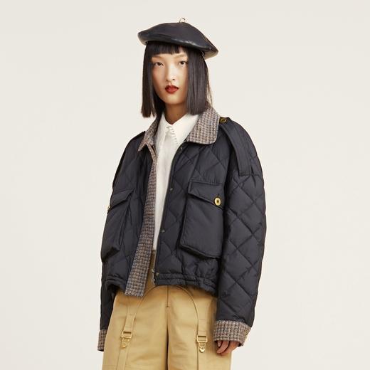 谜底2021冬新款复古运动风拼接粗花呢短款羽绒服女214MY2431 商品图0
