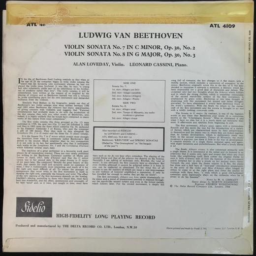 LP黑胶唱片 贝多芬《小提琴第七号和第八号奏鸣曲》 小提琴艾伦·洛维迪 钢琴伦纳德·卡西尼 商品图1