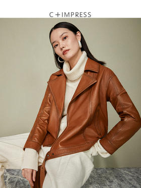 西嘉C+IMPRESS西嘉 绵羊皮擦色工艺皮衣外套女机车帅气宽松皮夹克