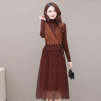 WE-ZM-BA520 时尚两件套装连衣裙女2021秋新款修身貂绒背心长袖针织毛衣打底裙 商品图5