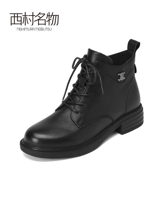 西村名物2021冬季新款真皮马丁靴粗跟黑色系带单靴英伦短靴X21DS44901 商品图2