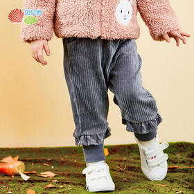 贝贝怡女童春秋冬甜美宝宝花边天鹅绒抽条长裤百搭裤子