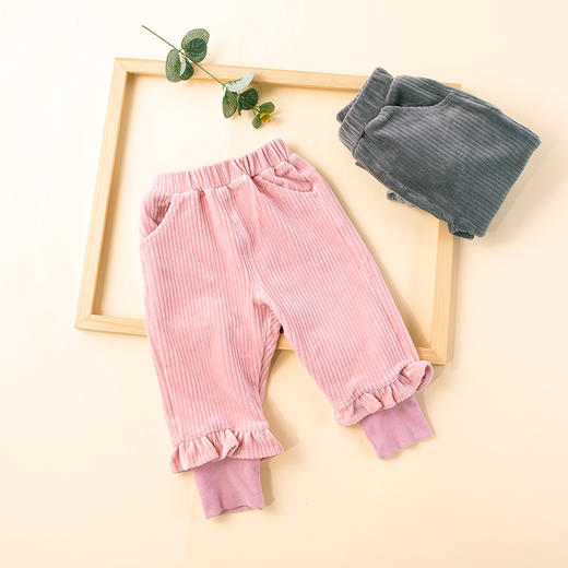 贝贝怡女童春秋冬甜美宝宝花边天鹅绒抽条长裤百搭裤子 商品图3
