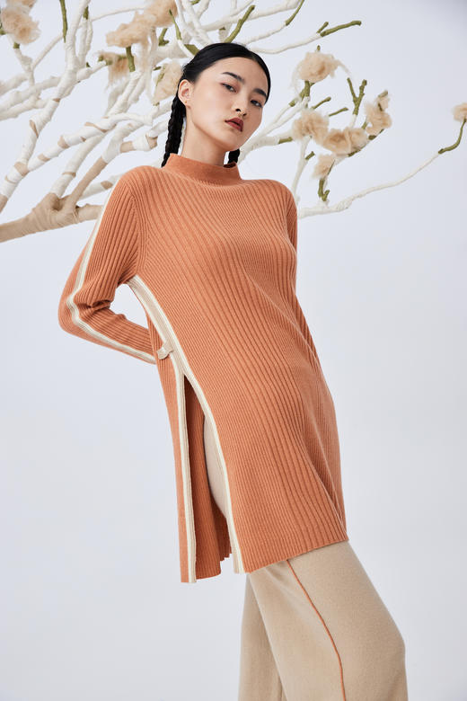 自带领中长款侧开叉羊绒女套衫 SJF93W111N 商品图7