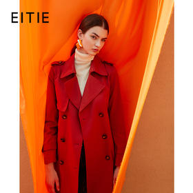 EITIE爱特爱新款经典翻领时尚双排扣收腰红色中长风衣外套C2104812